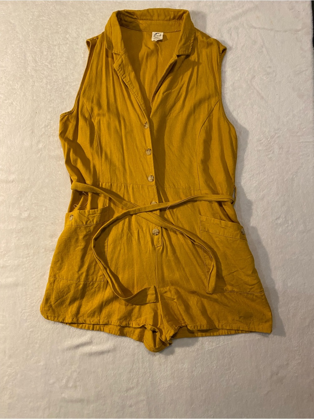 Sleeveless Mustard Utility Romper with Tie Waist